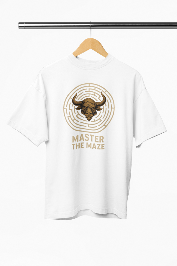 White t-shirt with a bull graphic and 'Master the Maze' text on a hanger against a white background