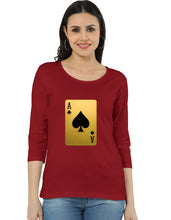 Woman wearing a red t-shirt with a playing card design on a white background