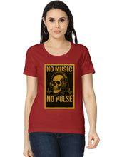 Woman wearing a red t-shirt with a graphic design featuring a skull and headphones on a white background