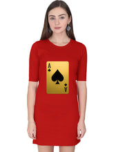 Red dress with a gold playing card design on a white background