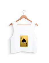 White tank top with a gold and black playing card design on a hanger against a white background