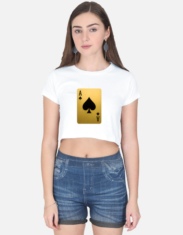 Woman wearing a white t-shirt with a gold playing card design on a white background