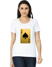 Woman wearing a white t-shirt with a gold and black playing card design on a white background