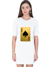 White t-shirt with a gold and black playing card design worn by a model on a white background