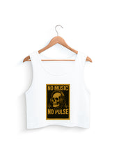 White tank top with 'No Music, No Pulse' graphic on a hanger against a white background