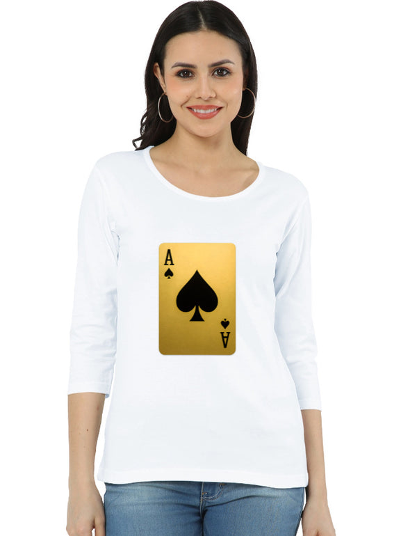 Woman wearing a white t-shirt with a gold and black playing card design on a white background