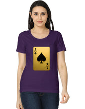 Woman wearing a purple t-shirt with a gold and black playing card design on a white background