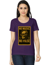 Woman wearing a purple t-shirt with a skull and headphones design and 'No Music No Pulse' text.