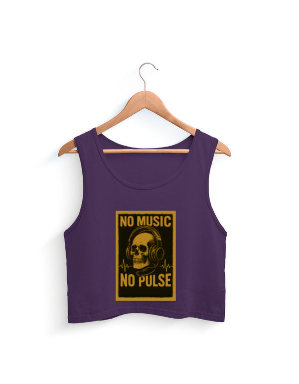 Purple tank top with 'No Music, No Pulse' graphic on a hanger against a white background