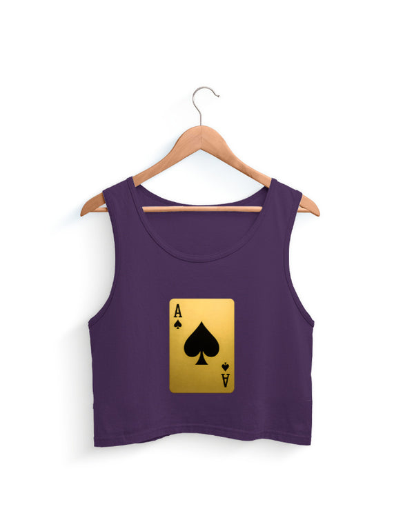 Purple tank top with a gold playing card design on a hanger against a white background