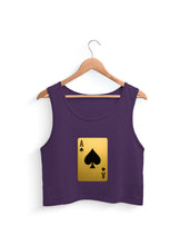 Purple tank top with a gold playing card design on a hanger against a white background