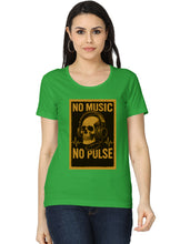 Woman wearing a green t-shirt with a skull and headphones design and 'No Music No Pulse' text.