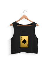 Black tank top with a gold and black playing card design on a hanger against a white background