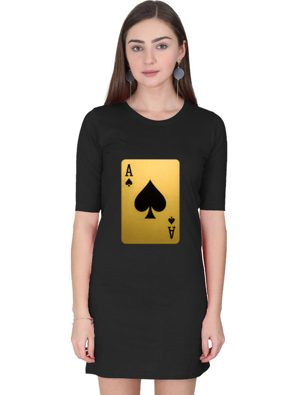 Black dress with a gold playing card ace design on a white background