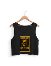 Black tank top with 'No Music, No Pulse' graphic on a hanger against a white background