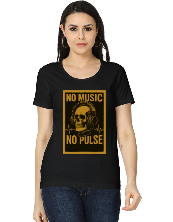 Woman wearing a black t-shirt with a yellow graphic and text 'NO MUSIC NO PULSE' on a white background