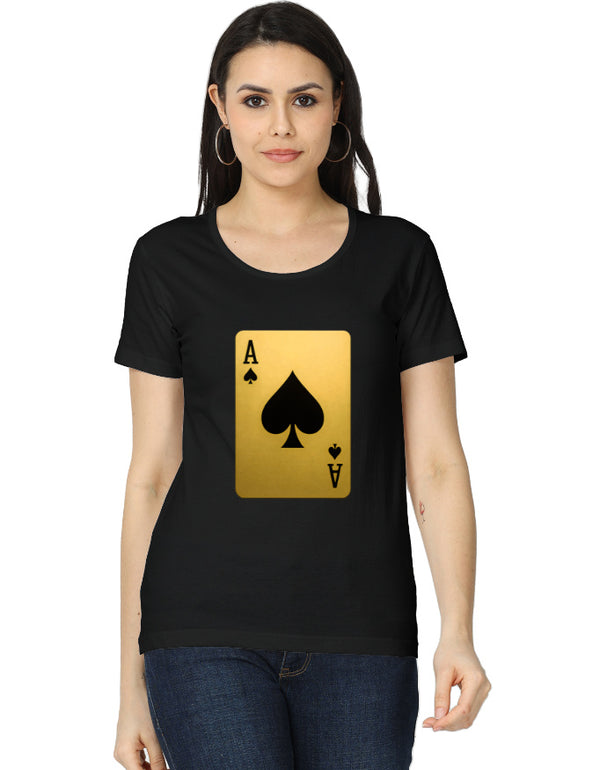 Woman wearing a black t-shirt with a gold and black playing card design on a white background