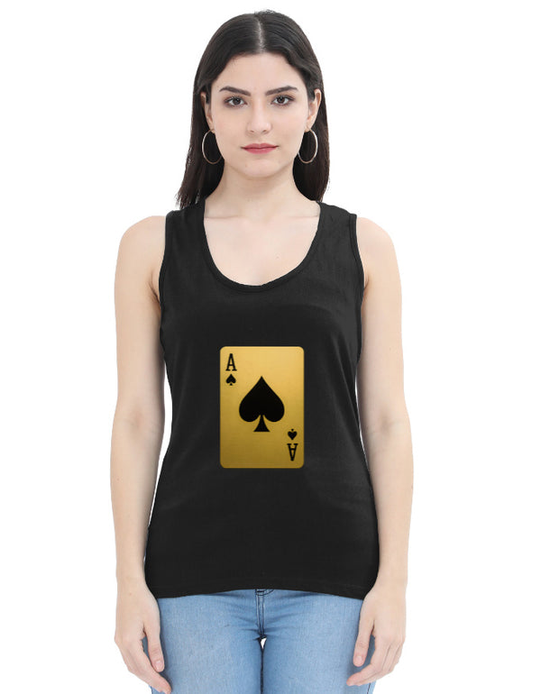 Woman wearing a black sleeveless shirt with a gold and black card design on a white background