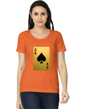 Woman wearing an orange t-shirt with a playing card design on a white background