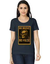 Woman wearing a black t-shirt with a yellow graphic design featuring a skull and headphones.