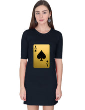 Black dress with a gold playing card design on a white background