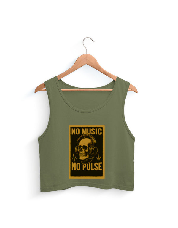 Green tank top with a skull and text graphic on a hanger against a white background