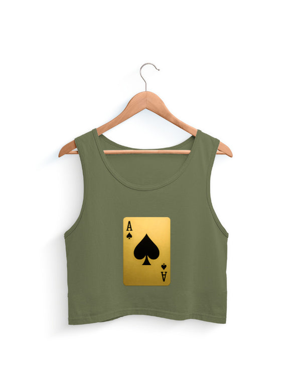 Green tank top with a gold and black playing card design on a hanger against a white background