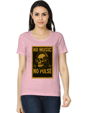 Woman wearing a pink t-shirt with a graphic design featuring a skull and headphones on a white background