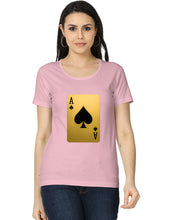 Woman wearing a pink t-shirt with a playing card design on a white background