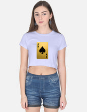 Woman wearing a light purple t-shirt with a gold playing card design on a white background