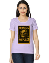 Woman wearing a purple t-shirt with a graphic design featuring a skull and headphones.