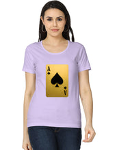 Woman wearing a purple t-shirt with a gold and black playing card design on a white background