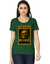 Woman wearing a green t-shirt with a skull and headphones graphic and 'No Music No Pulse' text.