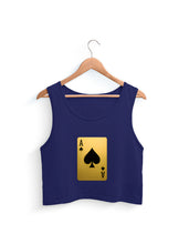 Navy blue tank top with a gold and black playing card design on a hanger against a white background