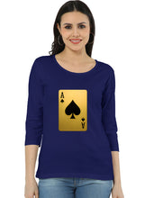 Woman wearing a blue t-shirt with a playing card design on a white background