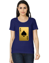 Woman wearing a blue t-shirt with a gold and black playing card design on a white background