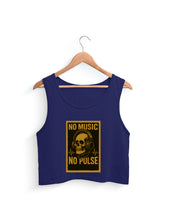 Navy blue tank top with 'No Music, No Pulse' graphic on a hanger against a white background