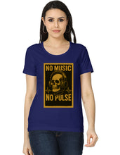 Woman wearing a blue t-shirt with a yellow graphic and text on a white background