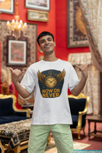 Man wearing a white t-shirt with a graphic design and text, standing in an ornate room.