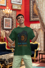 Man wearing a green t-shirt with Bitcoin design and text in an ornate room.