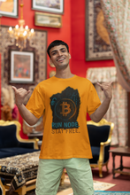 Man wearing a yellow t-shirt with Bitcoin design and text in an ornate room.