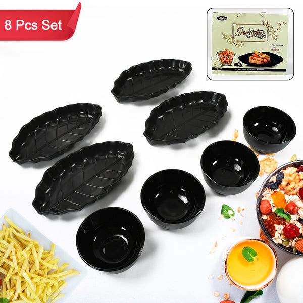 8233 Invitation Round Ceramic Snacks Bowl With Plastic Leaf Shape Serving Platter Portable Lightweight Breakfast Serving Bowl  Ideal For Rice Pasta Desserts Home  Kitchen Serving Bowl  Platter (8 Pcs Set)