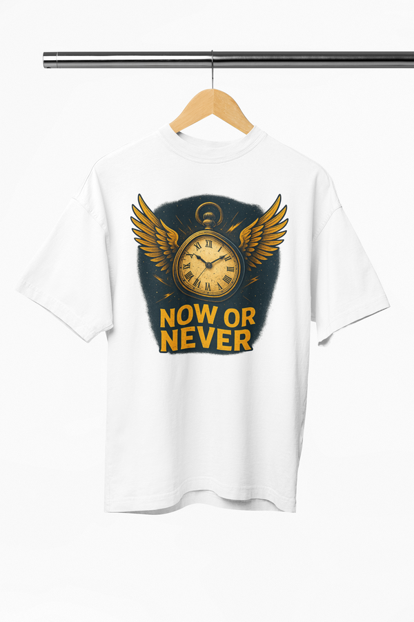 White t-shirt with a clock and wings graphic and 'Now or Never' text on a hanger.