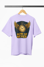 Lavender t-shirt with a graphic design and 'NOW OR NEVER' text on a white background