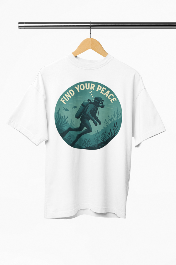 White t-shirt with 'Find Your Peace' graphic on a hanger