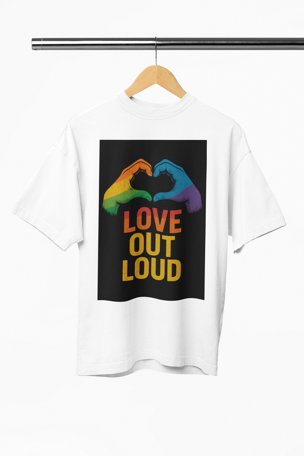 White t-shirt with 'Love Out Loud' graphic on a hanger