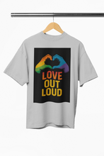 Gray t-shirt with 'Love Out Loud' graphic on a hanger against a white background