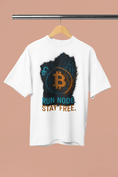 White t-shirt with Bitcoin logo and text on a hanger against a beige background