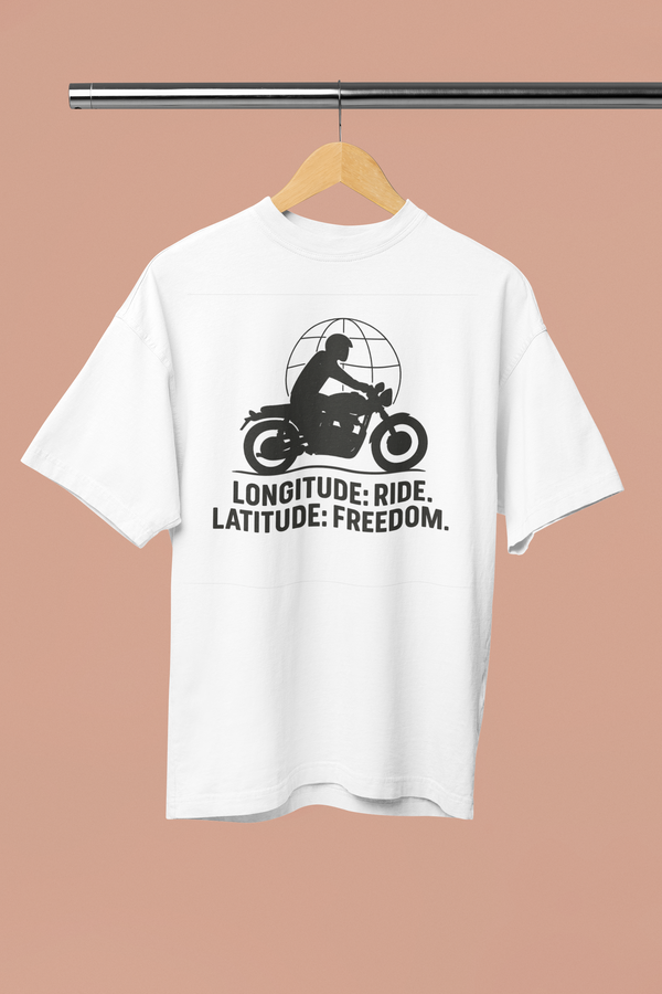 White t-shirt with motorcycle graphic and text on a hanger against a beige background
