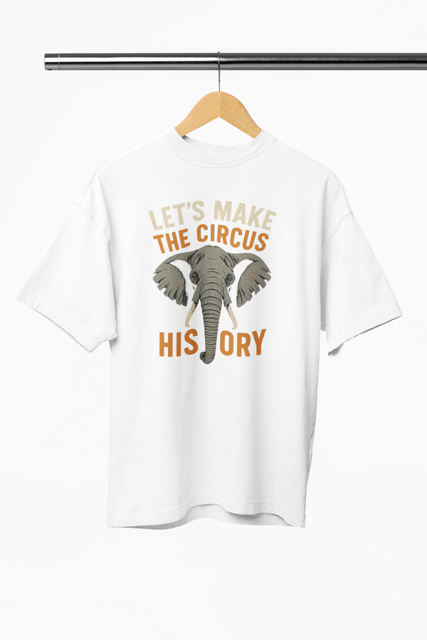 White t-shirt with elephant graphic and text on a hanger
